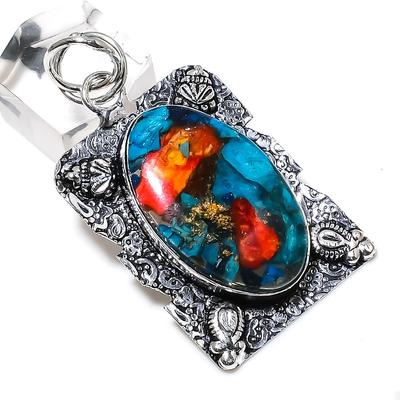 Natural Spiny Oyster Gemstone Handmade 925 Sterling Silver Pendant 2.13" T8u23