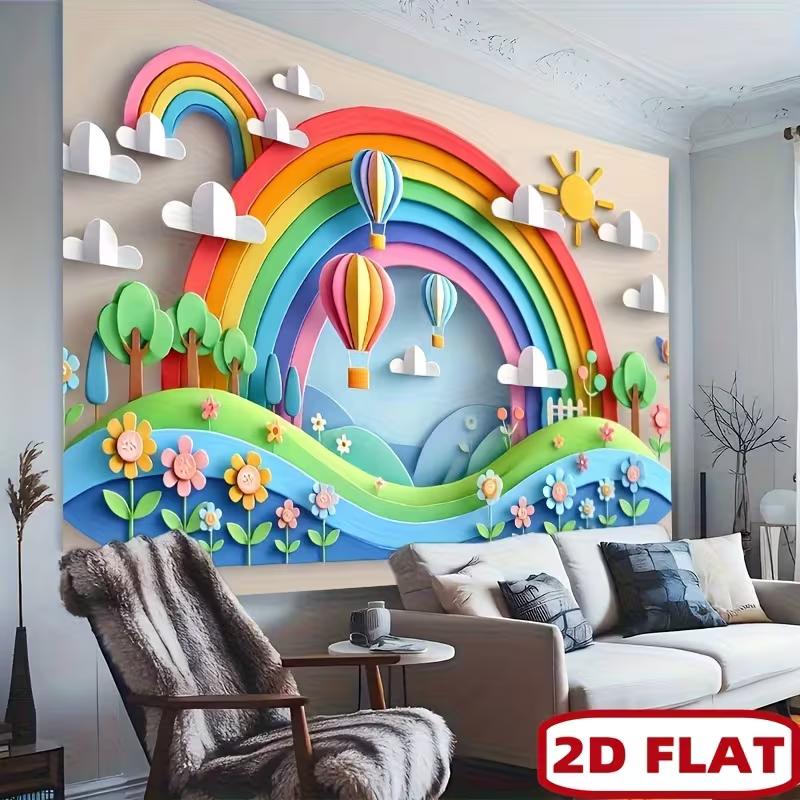Rainbow Hot Air Balloon Tapestry, 3D Paper Cut Floral Background Cloth, Cute Kids Room Wall Decor