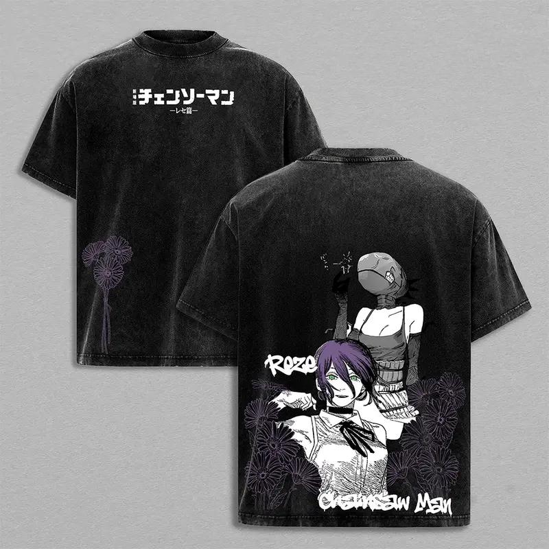 Hot Anime Chainsaw Man Reze Kawaii Print T-shirt Men Women Tshirts Short Sleeve Cotton Clothing Retro Washed T Shirt Summer Tops