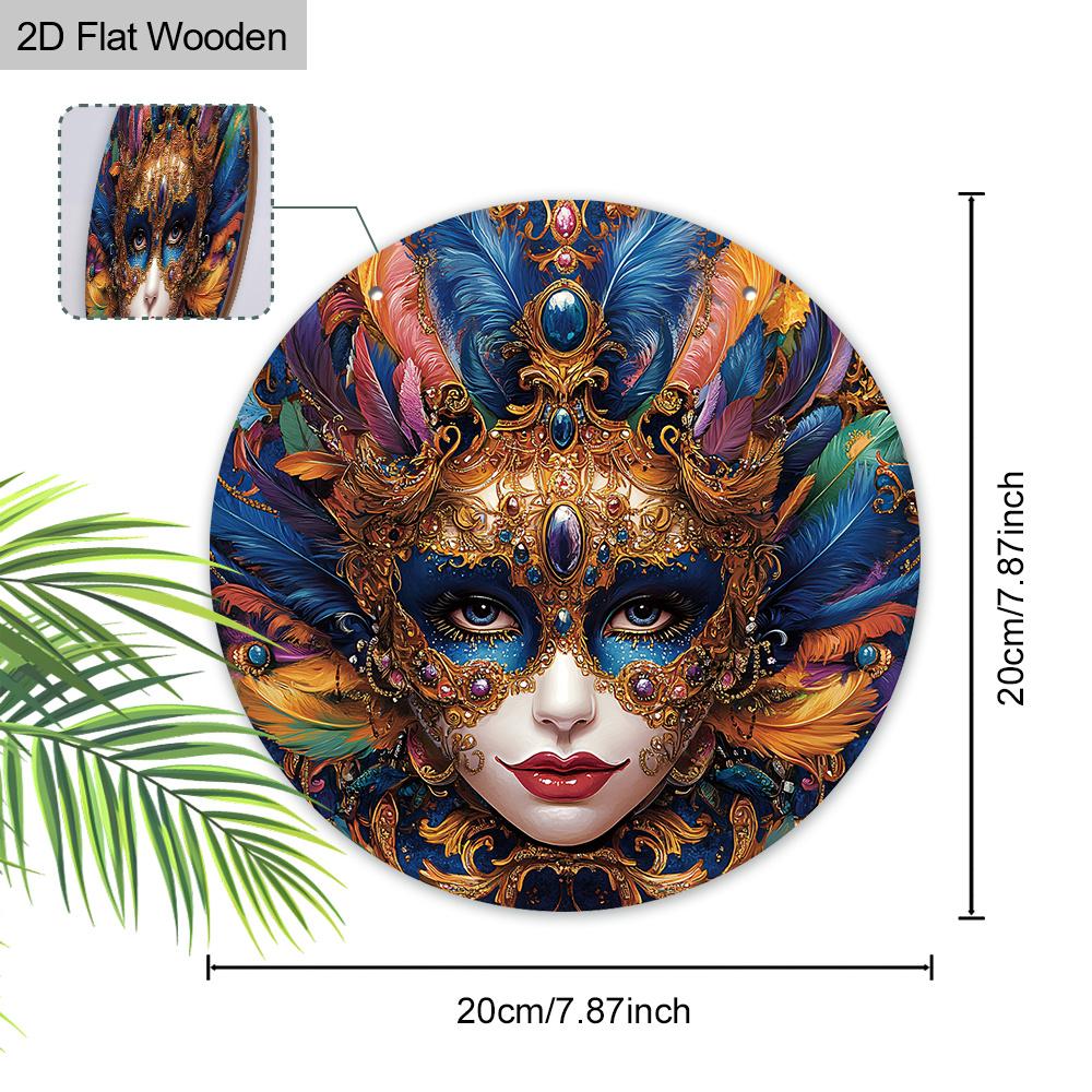 Carnival Mask Theme Round Wooden Sign, Home Wall Craft Decoration, Wooden Holiday Statue Decoration for Home, Office, Party Ideal for Mardi Gras Gifts