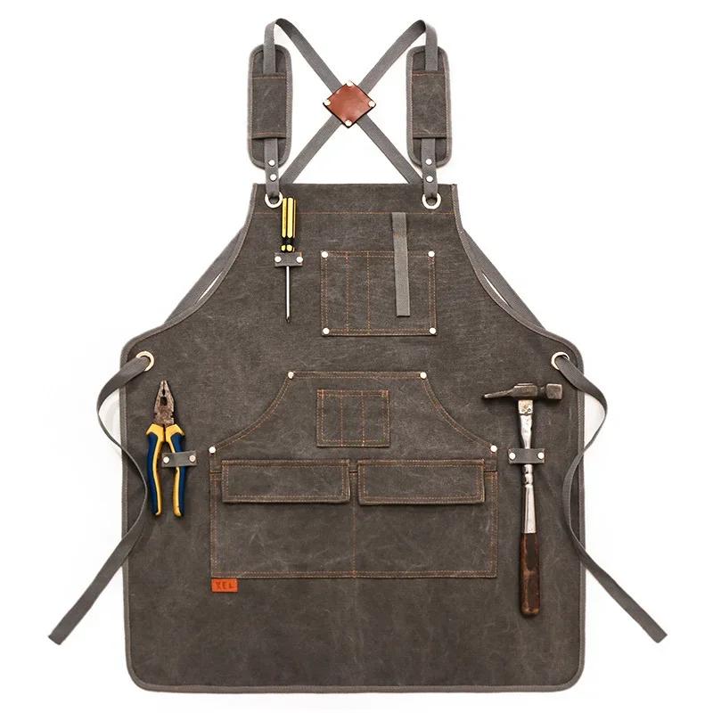 Durable Unisex Canvas Work Apron Barber Baking Cafe Garden Carpentry Restaurant Adjustable Work Wear Apron with Tool Pockets