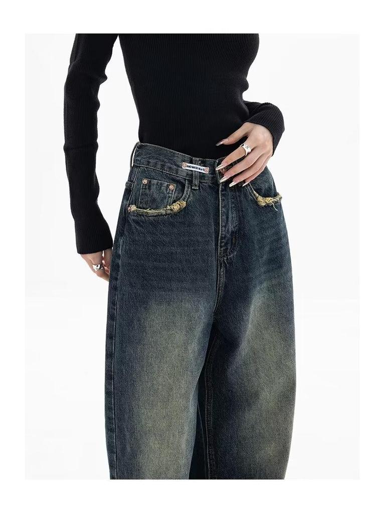 Women's High-Waist Retro Straight Jeans - Spring/Autumn 2025, Plus Size, Floor-Length, Wide Leg, Slimming Fit