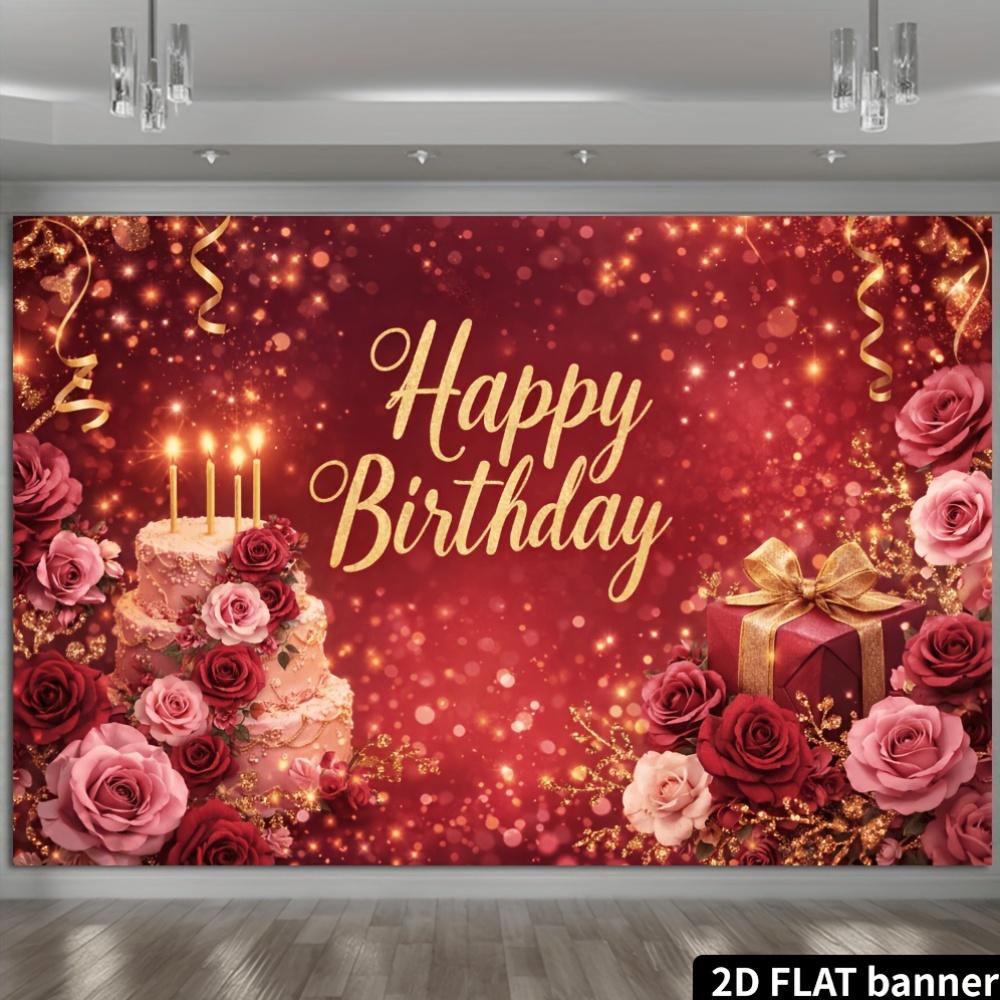 2D plane, 1 birthday party banner background, red and gold shining birthday theme, rose-decorated multi-layer birthday cake