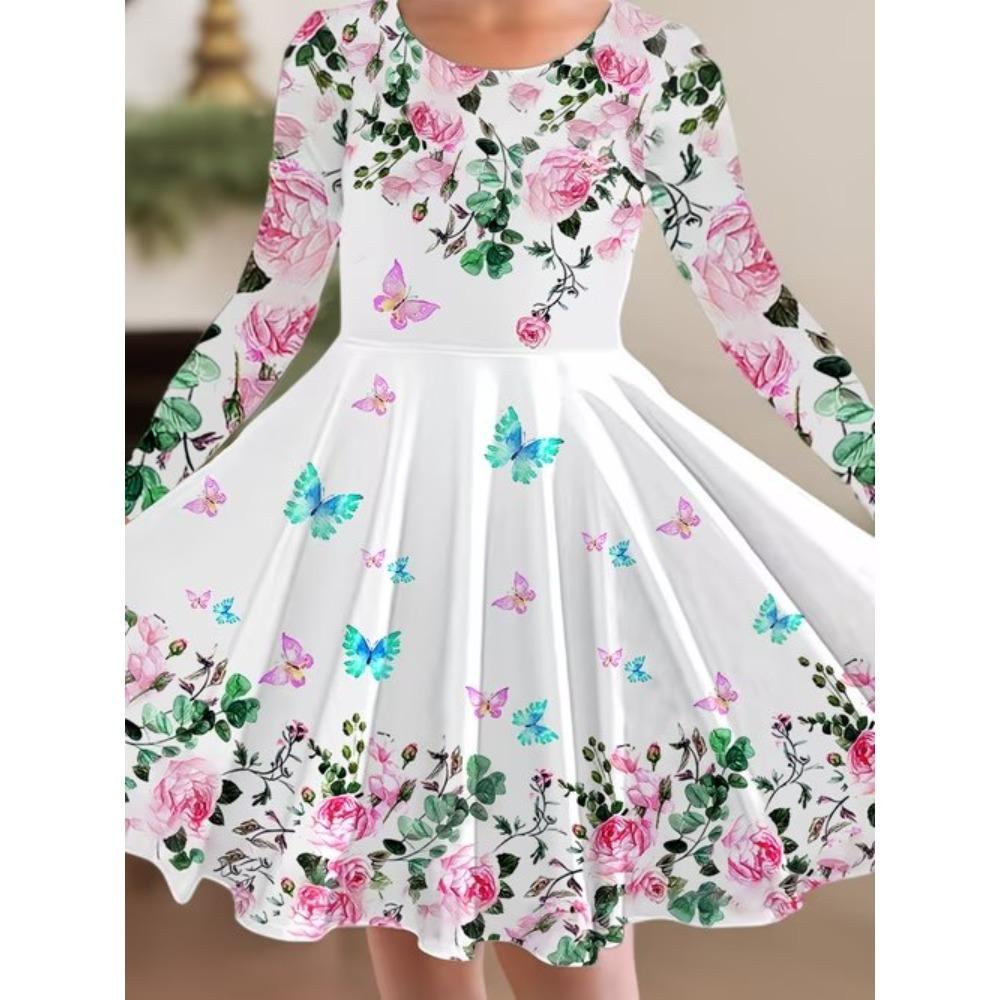Vestido Casual para Niña con Estampado de Flores 3D, Cuello Redondo y Mangas Largas, Vestido de Princesa para Niña