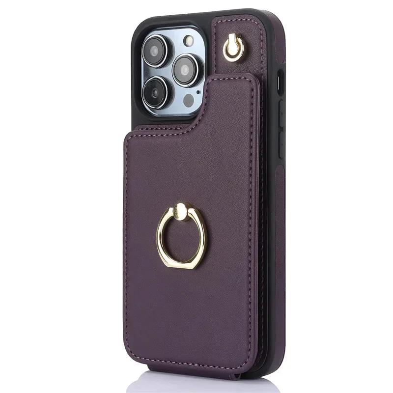 Ring Crossbody Leather Wallet Card Solt Phone Case for iPhone 16E 16 Pro Max 15 14 Plus 13 12 11 X SE 2022 Flip Purse Cover Bag