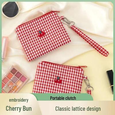 New Arrival: Cherry Embroidered Makeup Bag - Cute Large Capacity Red Plaid for Travel