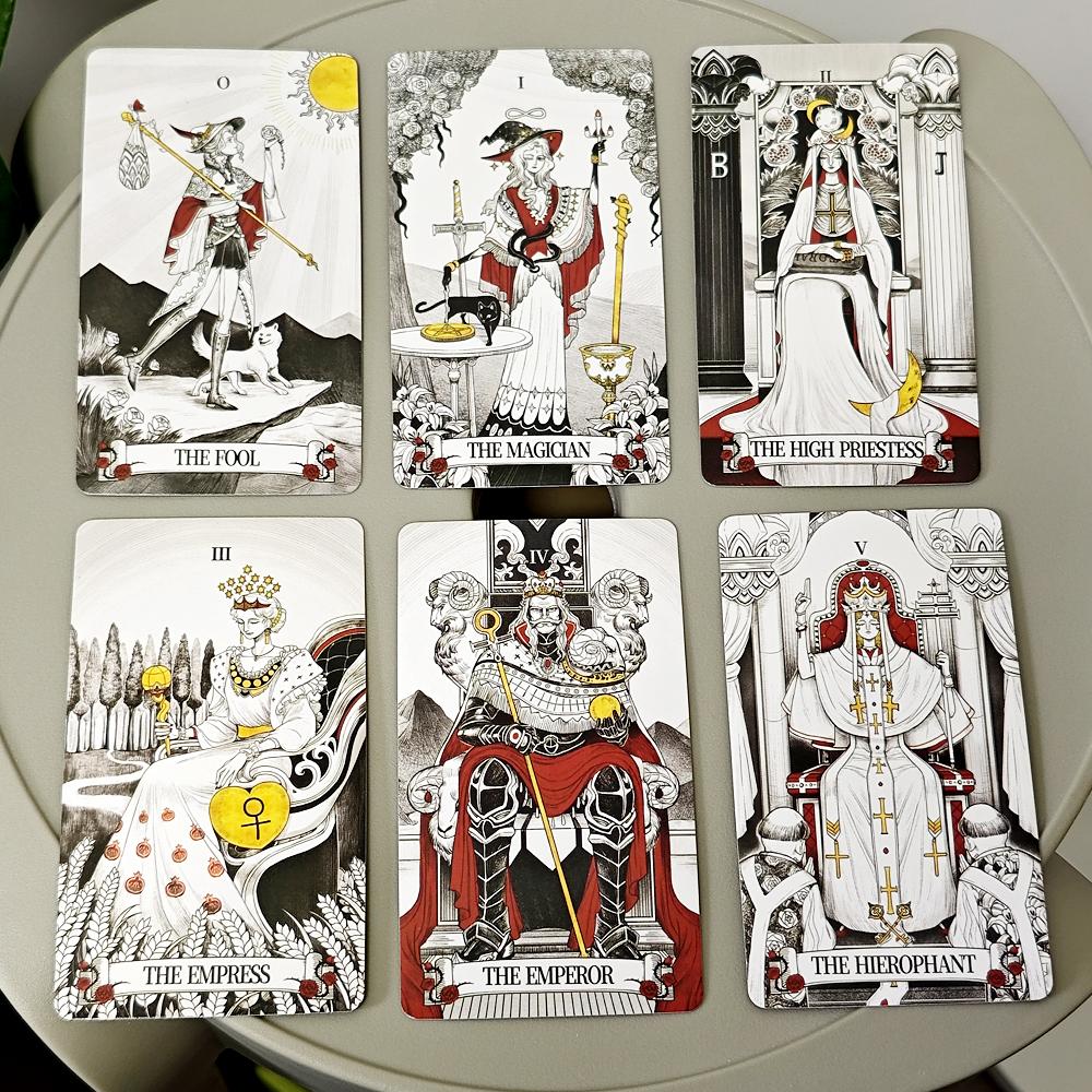 10,3*6 cm Miroir secret Tarot Art féminin Tarot dans un riche symbolisme avec un royaume monochrome:Cartes noires, blanches, rouges et dorées, 80 pièces