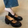 Sheepskin Version~ British Versatile Thick-soled Round-headed Small Leather Shoes for Women's Retro Shallow Mouth One-word Buckle Thick-heeled Mary 