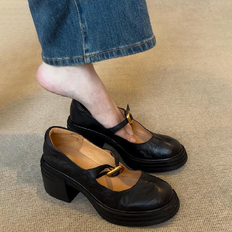 Sheepskin Version~ British Versatile Thick-soled Round-headed Small Leather Shoes for Women's Retro Shallow Mouth One-word Buckle Thick-heeled Mary