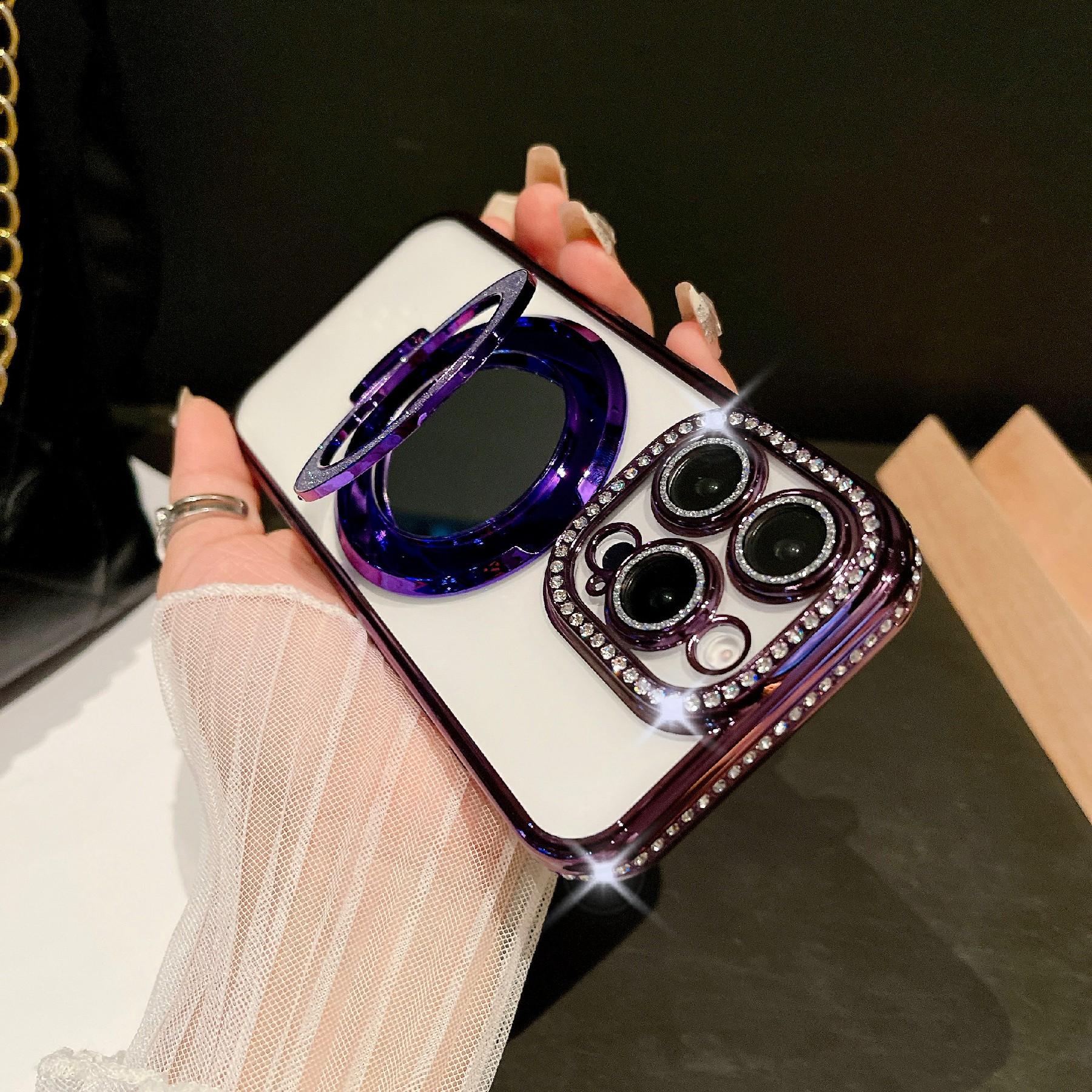 

For iPhone 16 Pro Max Case Electroplated Edge Mirror Kickstand Clear Back Phone Cover with Glitter Lens Film Black