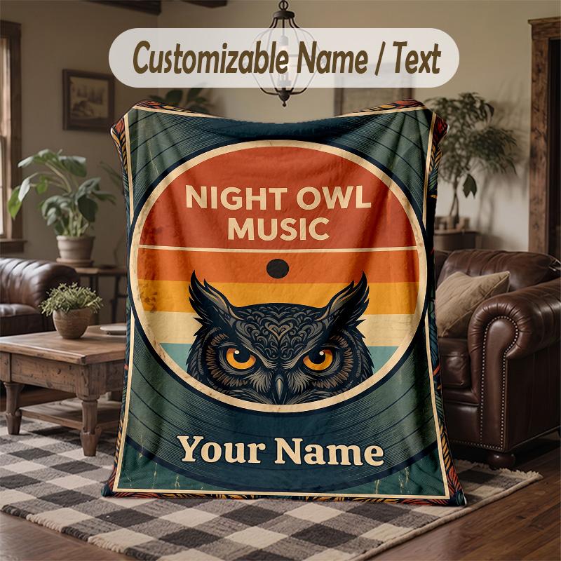 Night Owl Art Print Theme Throw Blanket Custom Name Text Personalized Blanket Soft Cozy Blanket for Home Sofa Bed