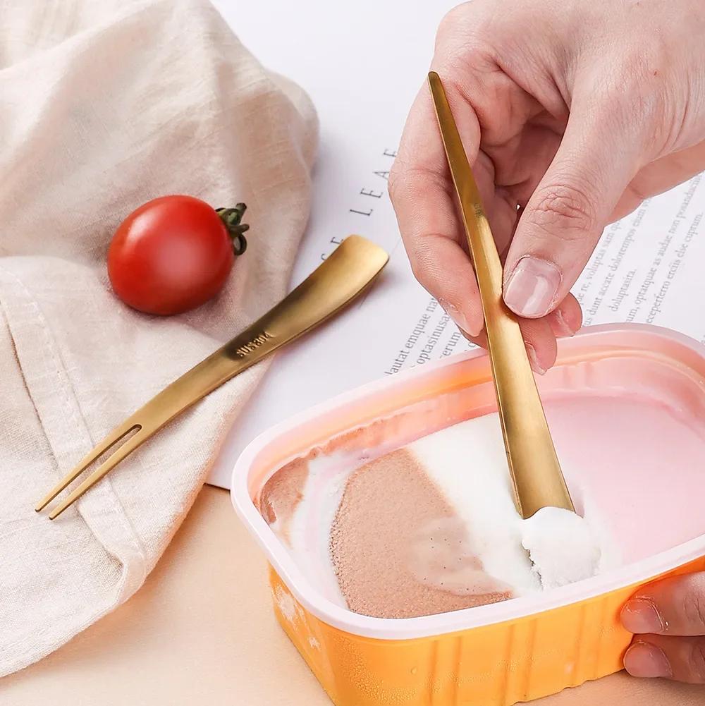 2in1 Obstgabel 304 Edelstahl Dessertgabel Lebensmittelqualität Mischlöffel Mini Fruchtspieß Perfekt für Kuchen Fisch Kaffee Eis