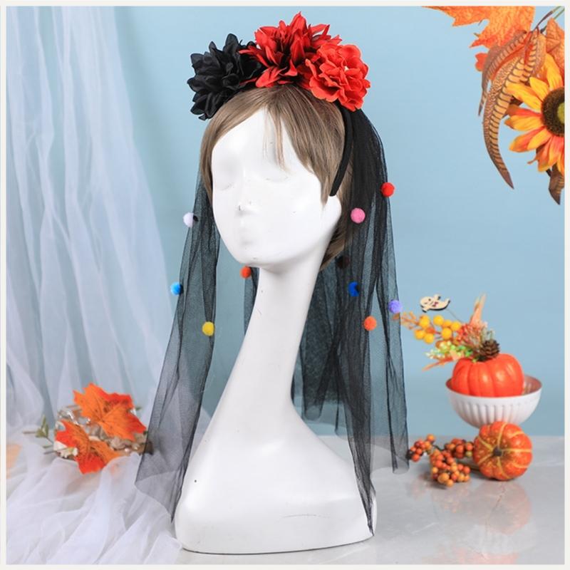 Day of The Deads Florals Headband Dia Los Muerto Costume Halloween Flower Headpiece Rose Florals Crowns Veils for Womens