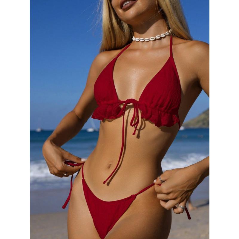 Womens Sexy Backless Lace Strappy Solid Color Three Piece Bikini Swimsuit