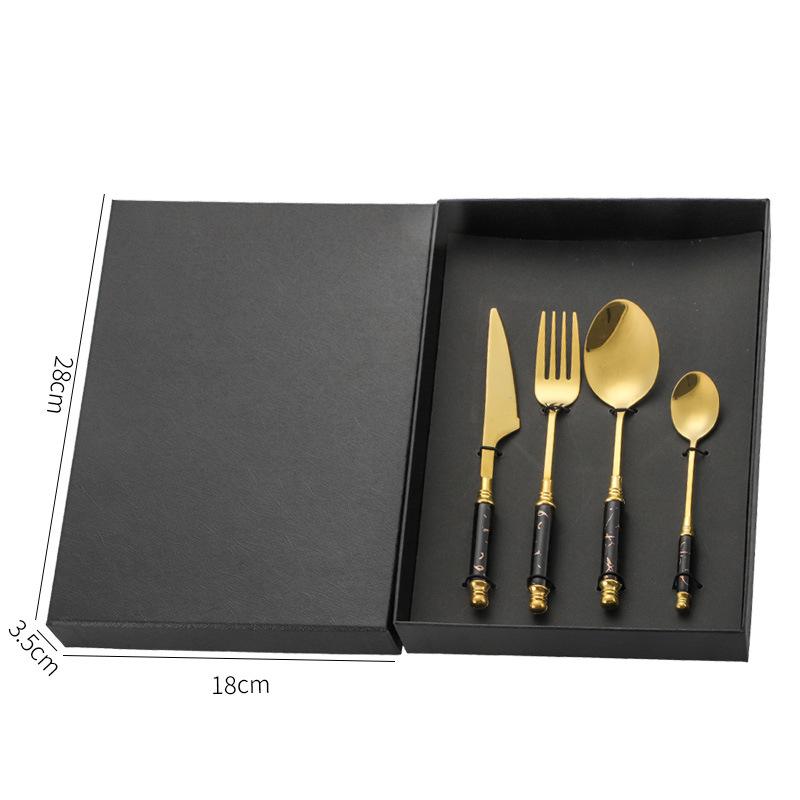 Edelstahl 4/5-teiliges Set Gestell Keramik Marmormuster Griff Griff Messer Gabel Löffel Geschenkbox Set Westliches Essen Nordischer Stil