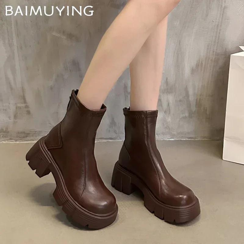 Plataforma Botines de Tobillo para Mujer Tacones Medios Gruesos Cuero Zapatos de Moda Tendencia 2025 Invierno Clásico Bomba Gótica Motocicleta Botas De Mujer