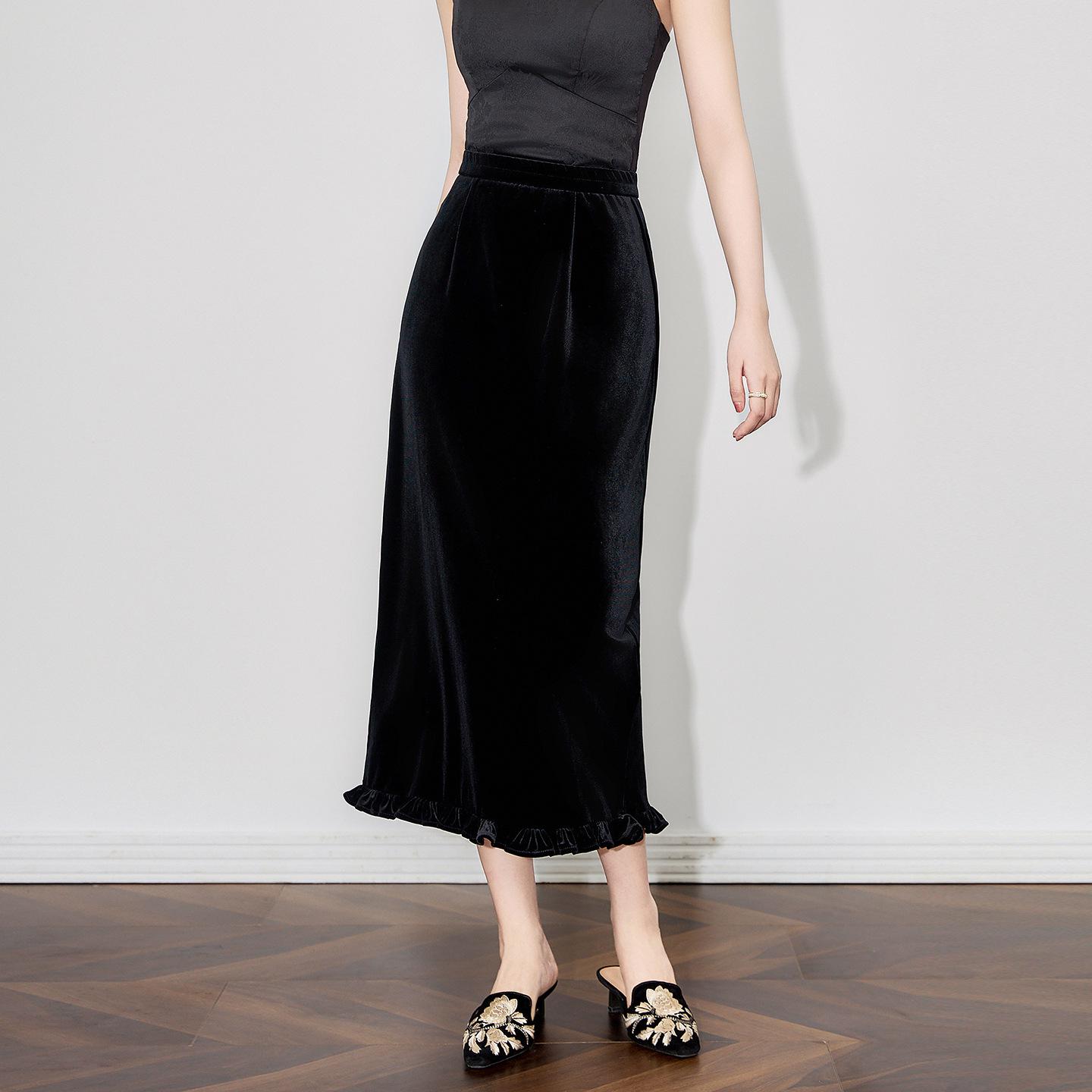 

Бархатная юбка-миди с эластичной талией и фестончатым подолом - Осенняя мода облегающая для женщин XXL чёрный