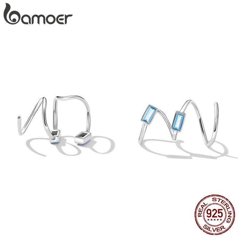 Bamoer 925 Sterling Silver Simple Style Blue Gemstone Ear Hooks for Women Trendy Geometric Studs Fine Jewelry Party Gift