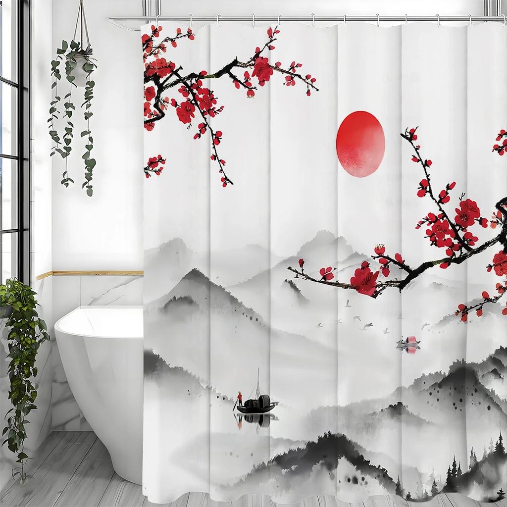 Chinese Ink Painting Landscape Plum Blossom Asian Shower Curtain, Bathroom Decorative Shower Curtain, Waterproof Shower Curtain
