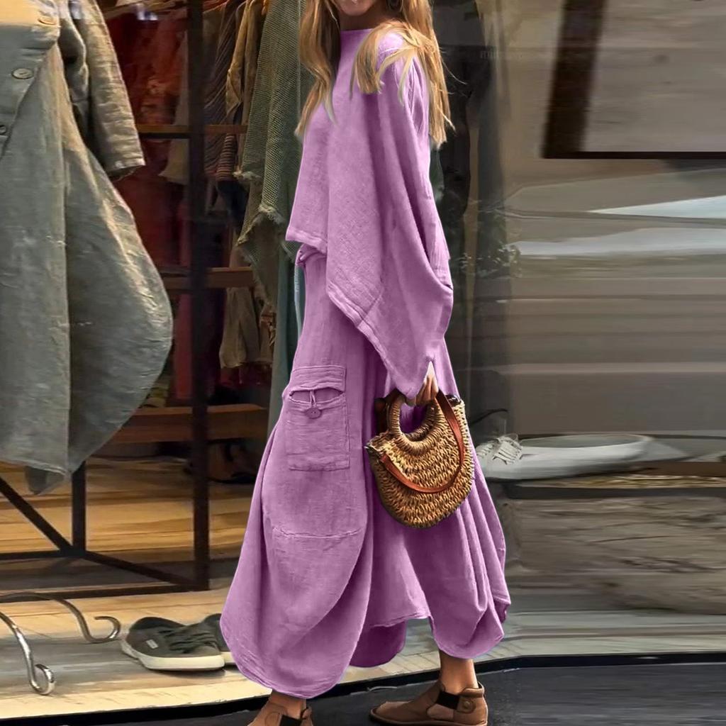 Women's Loose Comfortable Casual Fashionable Solid Color Long Sleeved Top Solid Color Skirt Two-piece Set