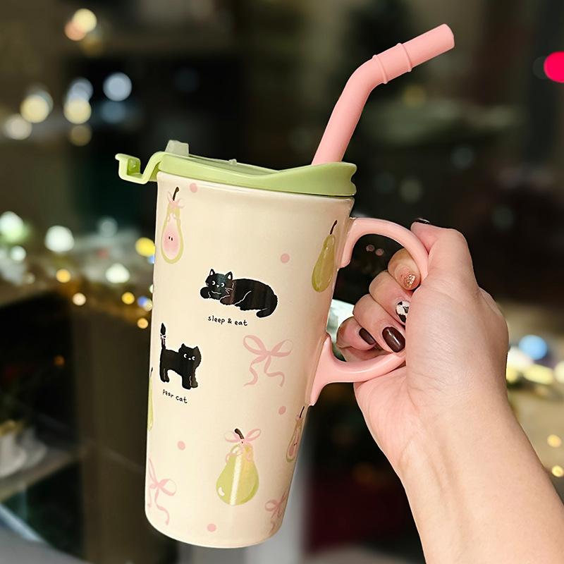 Cute Cat Cup with Lid Large Capacity Household Creative Ceramic Mug Girl s Heart Straw Cup Souvenir 520ml