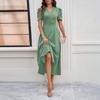 Summer Women's Fashion Chic High Waist Solid Short Sleeve Ruched Dress