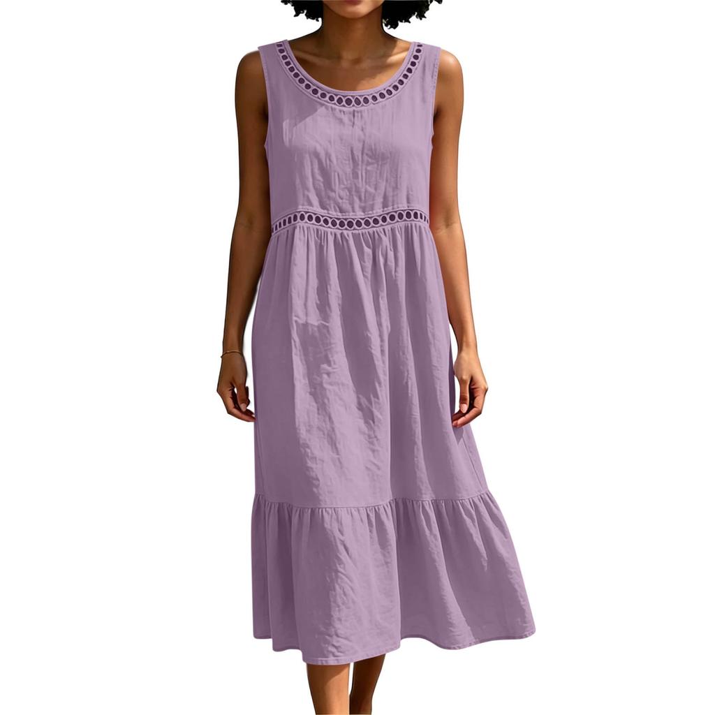 Women Sleeveless Crew Neck Cotton Linen Dress Hollow Out Lace Trim Midi Dress Summer Casual Loose Fit Solid Sundress