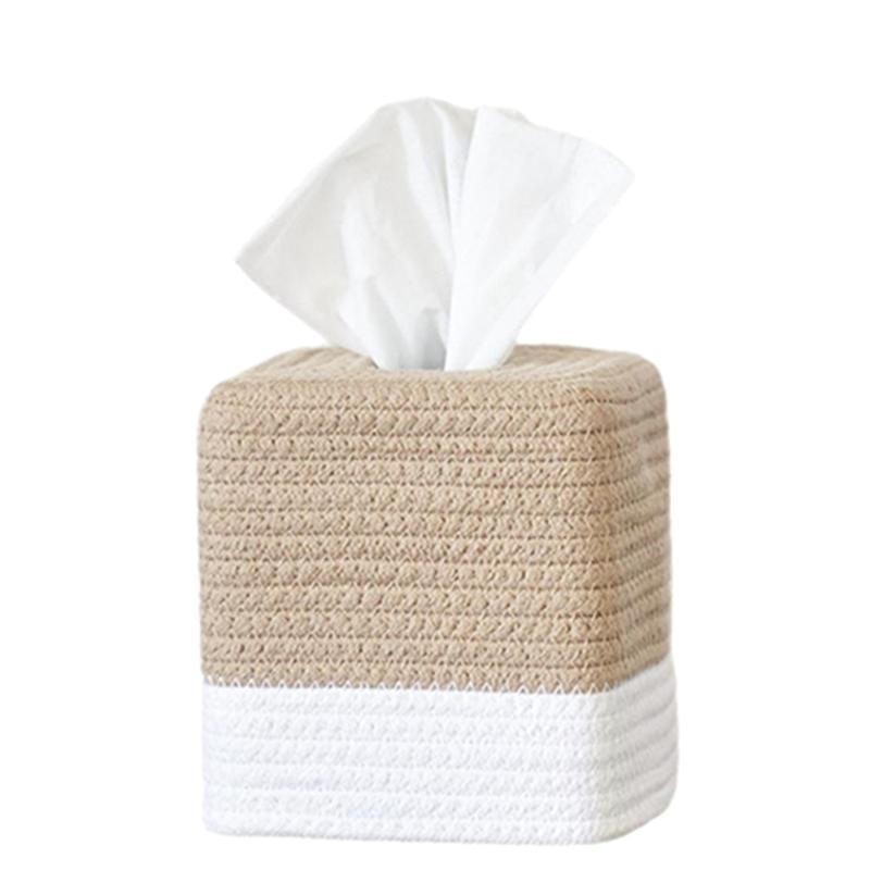 1pc Cotton Thread Tissue Box Square Desktop Napkin Decorative Box Multi-functional Hand-woven Storage Basket Tissue Storage Box