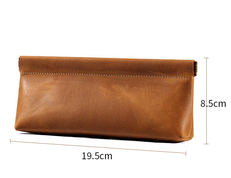 Spring-Loaded Crazy Horse Cowhide Pencil Case & Coin Purse - Multi-Functional Stationery Bag