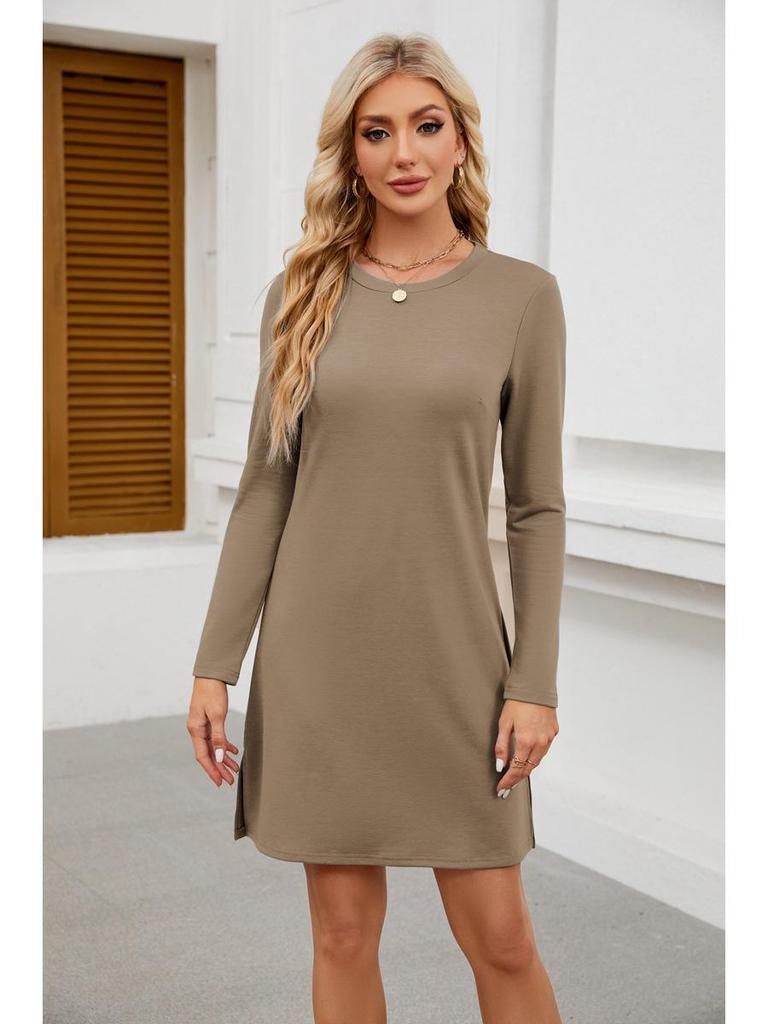 2024 Women's Casual Long Sleeve Slit Hem Dress with Round Neck