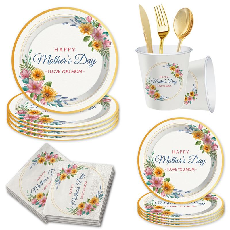 Mother'S Day Flower Theme Party Set Disposable Paper Plate Paper Cup Paper Towel Tableware Tablecloth Party Decoration