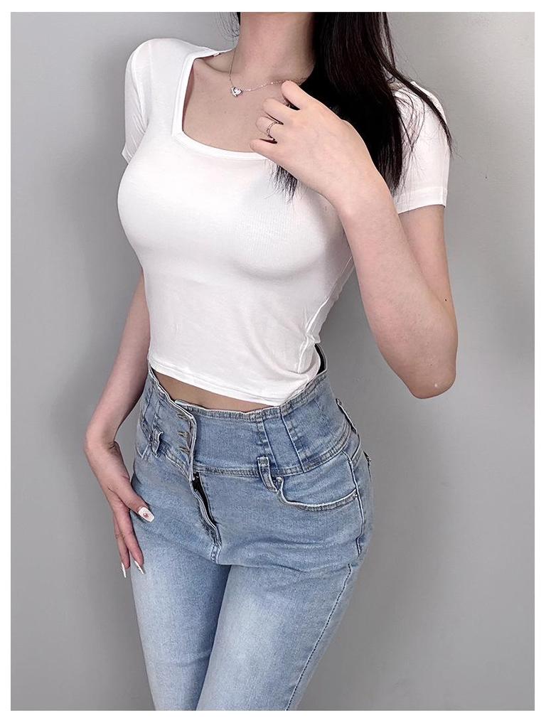 Korean Slimming Cropped T-shirt with Square Neck