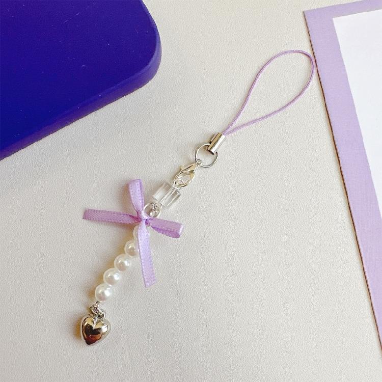 Fashion Bowknot Heart Bead Hanging Pendant Sweet Phone Strap Bag Decoration Portable Hanging Lanyard for Girls Women
