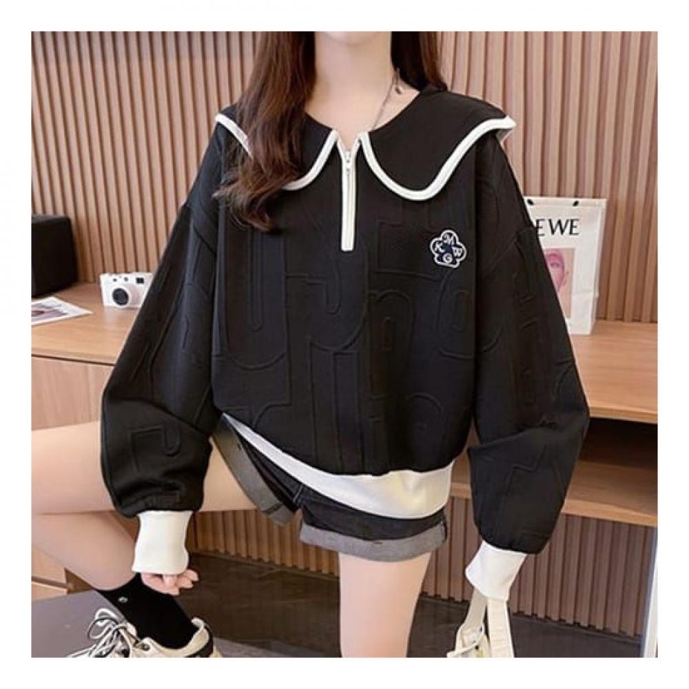 Navava Women Lettering Embossed Sailor Collar Long Sleeve Sweatshirt Nt1986