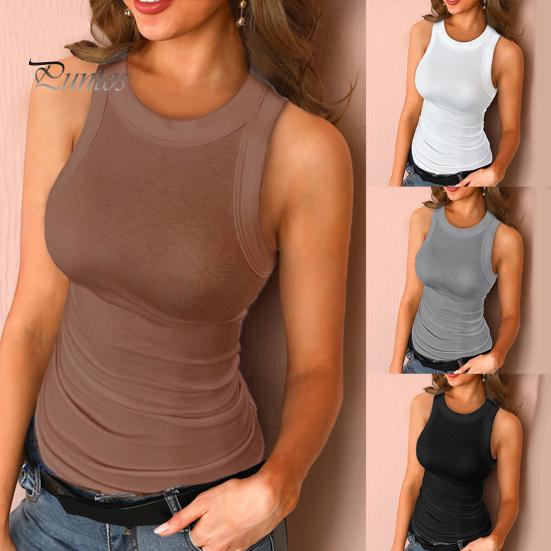 Tank Vest Casual O Neck Ribbed Top Sleeveless Blouse for Sports