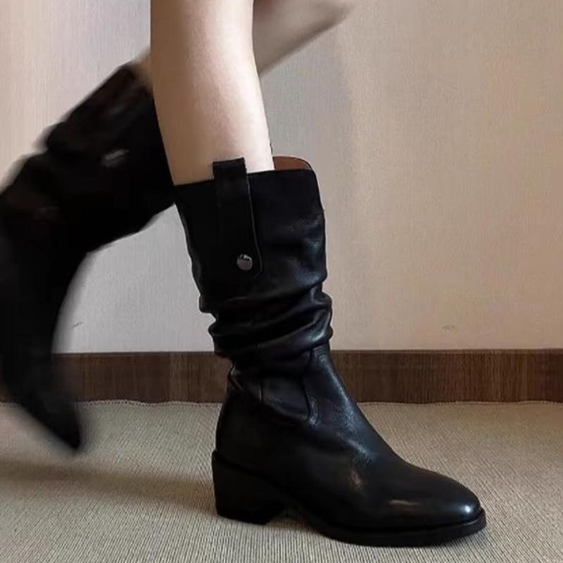 Middle Heel Leather Ladies Mid Calf Shoes Autumn Winter Fleece-Lined Women's Half High Boots Gyaru 2025 Novelty New Gothic Boot