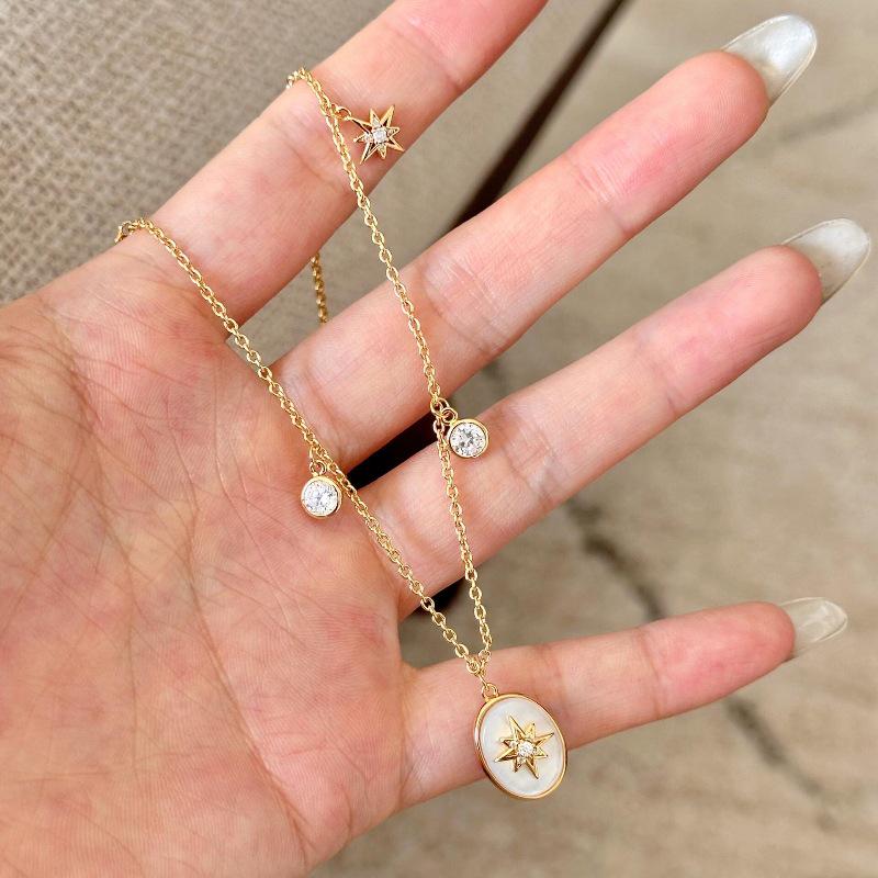 Französischer Luxus Perlmutt Stern Schmuckset: Halskette, Armband, Ring, Ohrringe mit Quaste und Diamantakzent