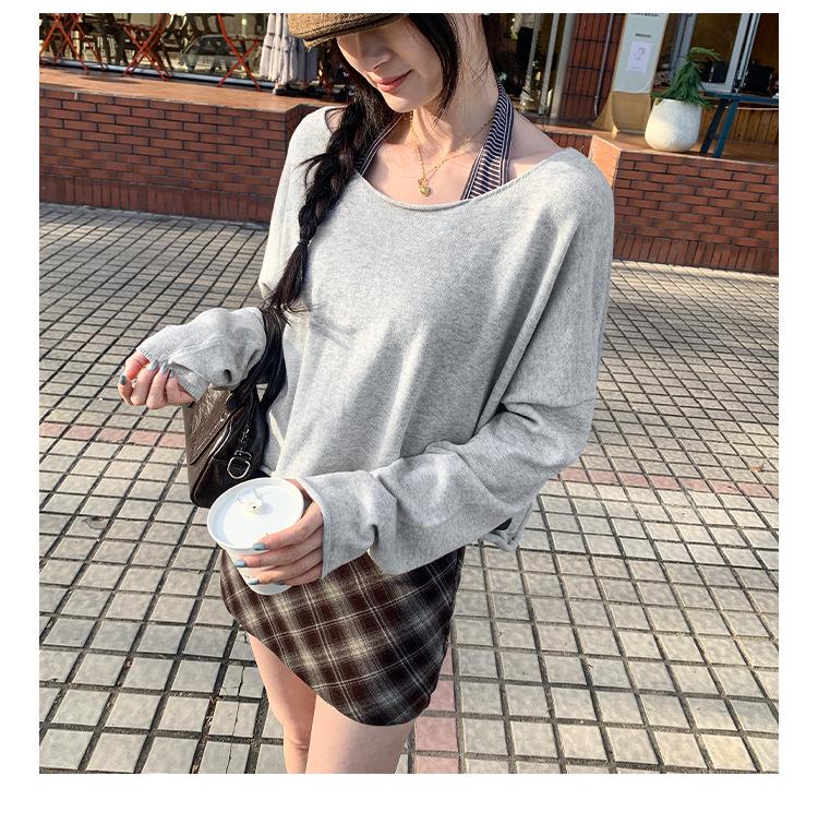 2025 New Women's Grey Knit Long Sleeve Loose Slimming Top