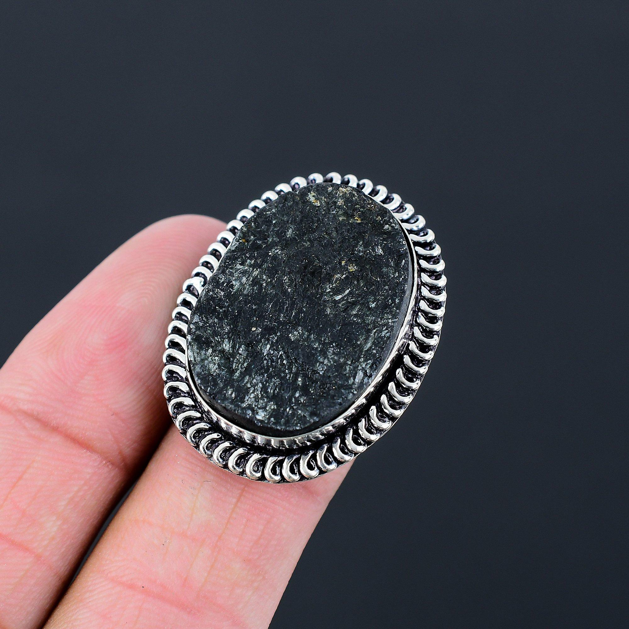 925 Silver Oval Black Tourmaline Rough Stone Promise Wife Ring Jewelry Size 6.5 6.5