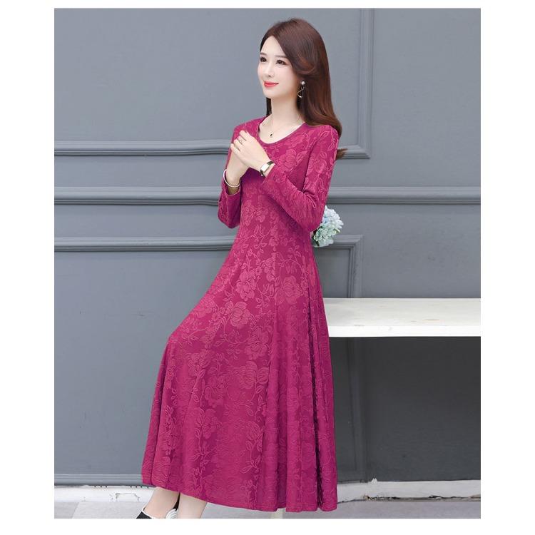Abito Maxi Lussuoso Jacquard Floreale Girocollo Maniche Lunghe per Madri Elegante Abito da Ballo