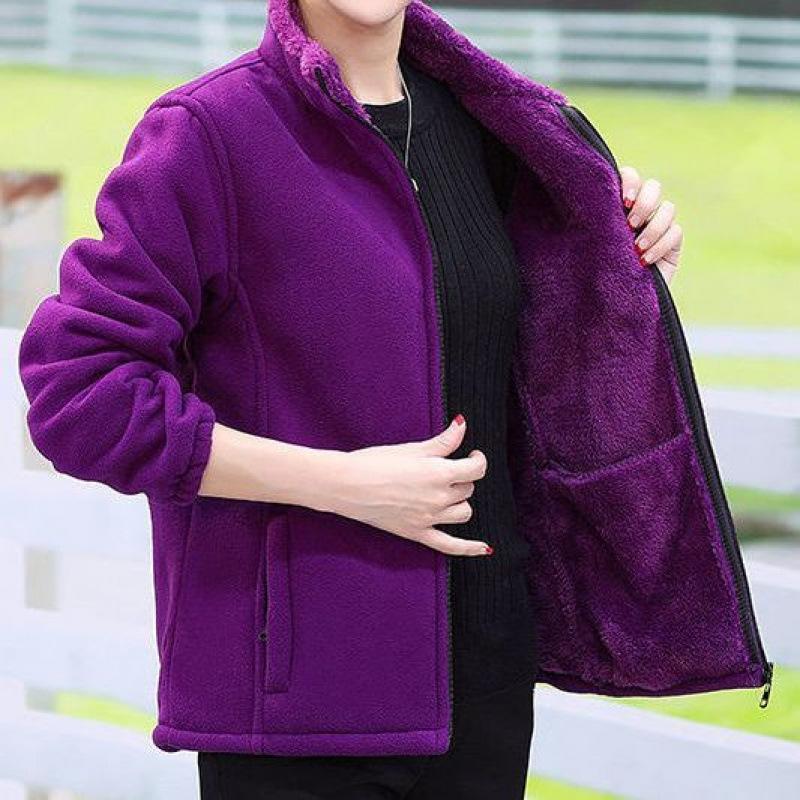 Mid Age Polar Fleece Jacket Women Stand Collar Winter Plush Lined Thick Warm Plus Size Womens Clothing Mom Wear Cardigan Hoodie