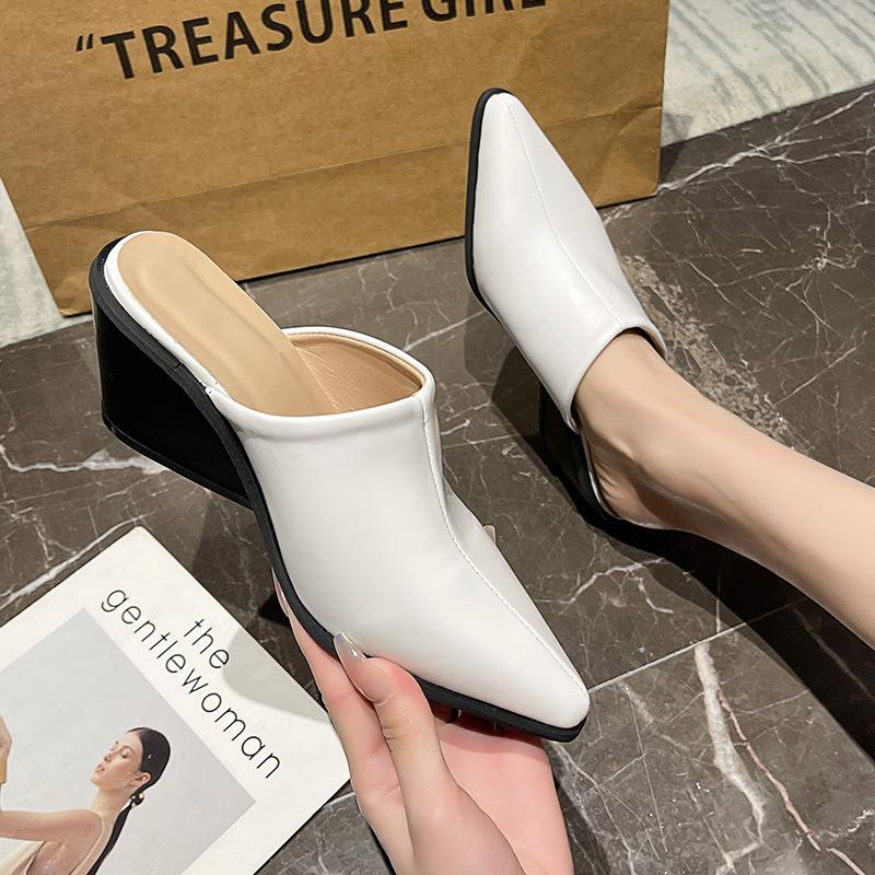 2026 European American Baotou Half Women's Soft Leather Slope Heel High Cool Fashion Outwear Thick Lazy Muller Shoes