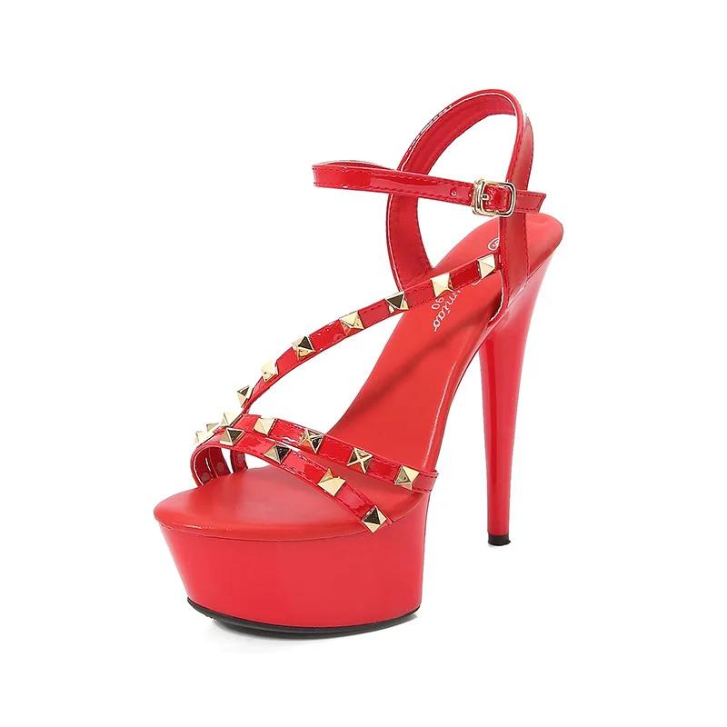 Fashion European and American Catwalk Artifact Model High Heels with Sexy Waterproof Platform 15cm Rivet Sandals Womens Summer Slippers.
