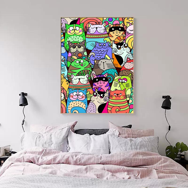 Funny Cartoon Crowded Cat Plakát Abstraktní Malba na plátně Barevné Roztomilé zvíře Kawaii Nástěnné umění pro dětský pokoj domácí dekorace