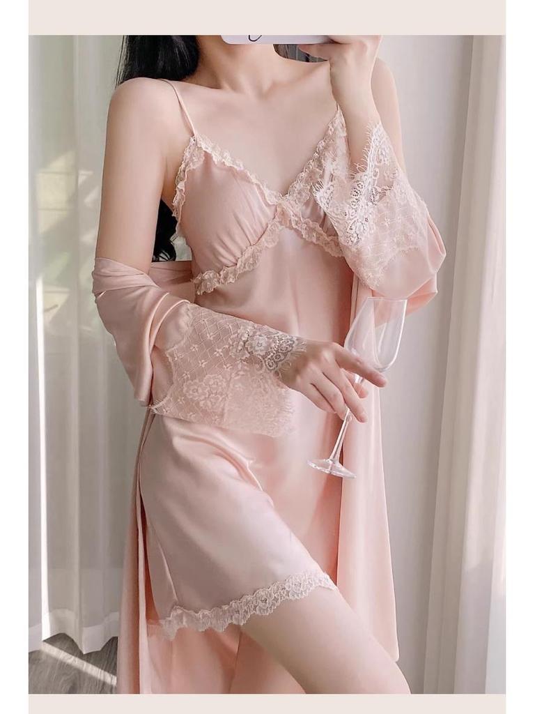 Set de pijamale din dantelă din mătase de gheață: Cămașă de noapte și halat de vară cu cupe