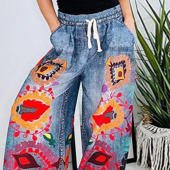 Pantaloni de damă cu șnur, imprimat exagerat, cu design de denim imitație, Pantaloni cu picioare largi Pantaloni cu talie elastică, cu buzunare