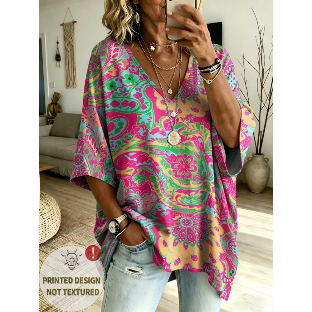 Plus size women's V-neck ethnic style printed T-shirt, retro European and American art three-quarter bat sleeve casual top