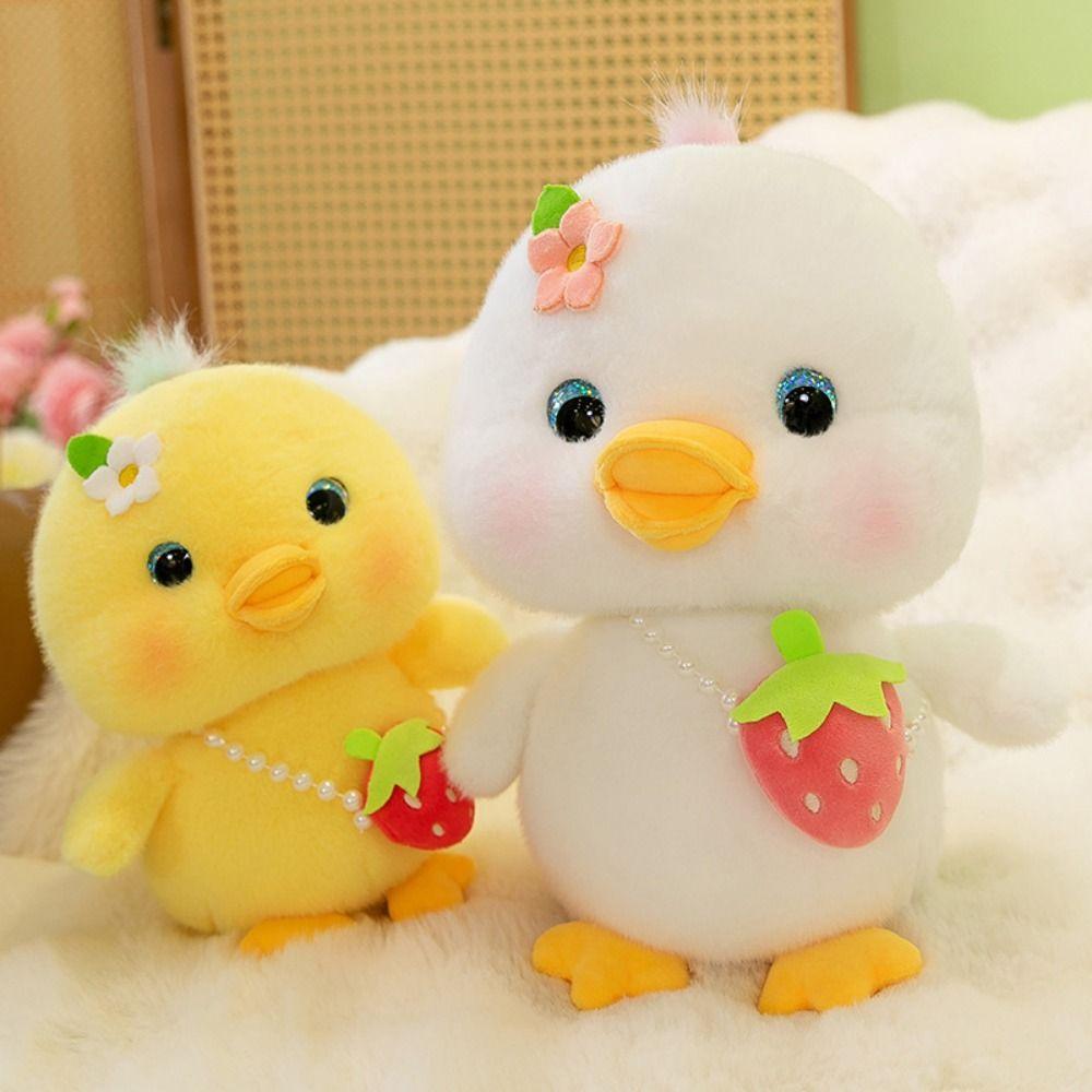 3d Eyes Pressing Music Duck Plush Toy Strawberry Hanging Bag Yellow Duck Plush Doll  Home Decor