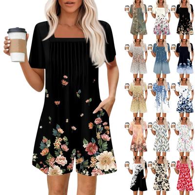 Women's Fashionable And Casual Short-sleeved Pleated Pocket Jumpsuit Printed Jumpsuit Shorts