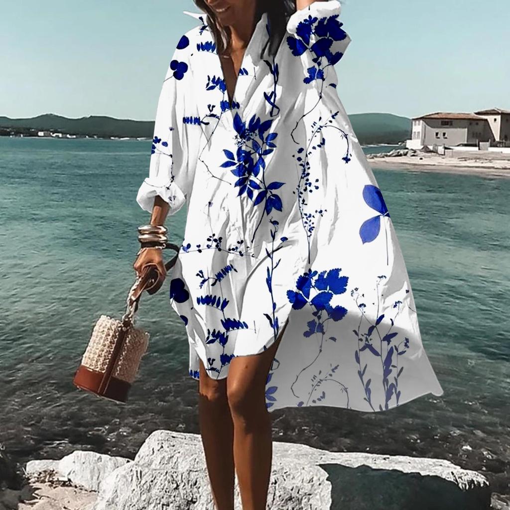 Trendy 3D Floral Print Lapel Long Sleeve Dress